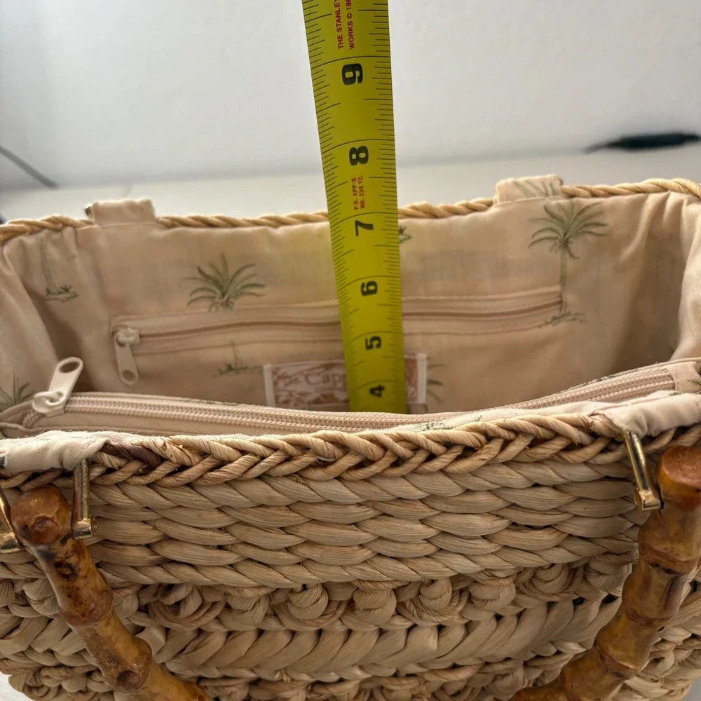 Cappelli Straworld Woven Straw Handbag Bamboo Handle Palm Tree Lining Tan Boho